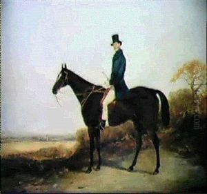 A Gentleman On A Dark Bay Hunter, A Landscape Beyond by William Barraud