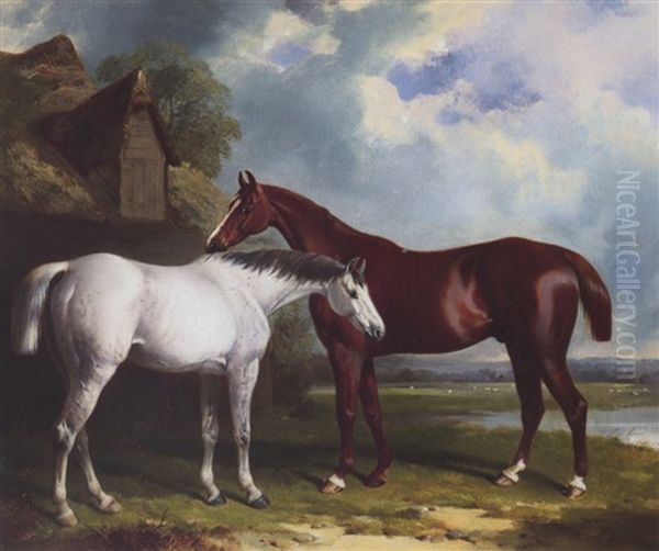 A Grey And A Chestnut Outside A Barn - view 1