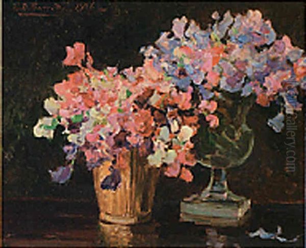 Two Vases Of Sweet-peas On A Table - view 1