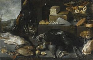 An Allegory Of The Month Of December, With A Cat And A Still Life Of Fowl, Fish, Sweetmeats And Chocolate On A Stone Ledge by Francisco Barrera