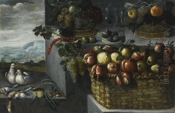 An Allegory Of The Month Of October, With A Still Life Of Baskets Of Pomegranates, Apples, Grapes And Other Fruits, A Pair Of Doves And Songbirds On A Stone Ledge - view 1