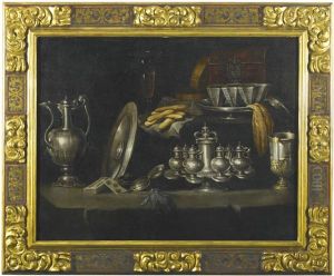Still Life Of Silverware, Porcelain Cups, A Watch, A Pack Of Cards, A Glass Of Wine, Biscuits And A Tortoiseshell Case, All Upon A Roughly-hewn Stone Slab