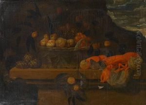 Lobster, Pineapples And A Woven Basket Filled With Pears, Apples And Grapes, On A Stone Ledge
