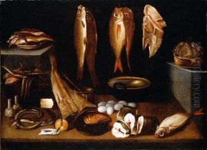Still Life Of Fish Suspended From Hooks, With Bowls Of Fish On Raised Ledges, With Eels, Eggs, Cheese, An Orange, Ceramic Pots, A Pestle And Mortar And A Cooking Pot, All Upon A Stone Top by Francisco Barrera