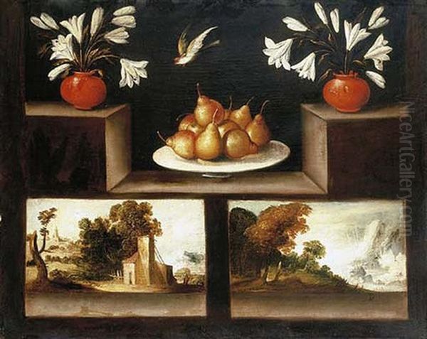 Two Vases Of White Lilies, Pears In A Porcelain Dish And Two Landscape Paintings On A Stone Ledge - view 1