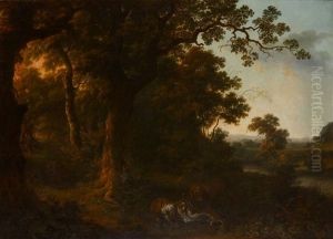 Lions And Leopards In A Wooded Landscape by George Barret