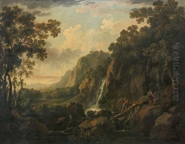 A Mountainous Wooded River Landscape With A Waterfall And Three Figures - view 1