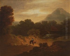 The Great Sugarloaf Mountain, Co. Wicklow With A Figure On Horseback Alongside A Dog In Foreground by George Barret