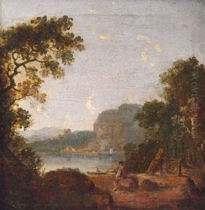 A Lake Scene With Figures Seated In The Foreground. A Castle In The Distance by George Barret