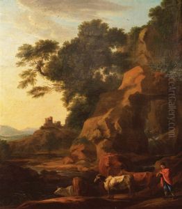 A Landscape With Castle In The Middle Distance. A Waterfall, Cattle And A Piping Herdsman In The Foreground by George Barret
