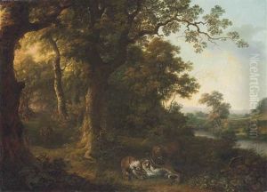 Lions And Leopards In A Wooded Landscape, By A Stream