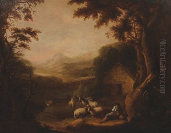 Glen Of The Downs - A Wooded River Landscape With Sheep, Goats In The Foreground, A Cottage And Distant Mountains - view 1