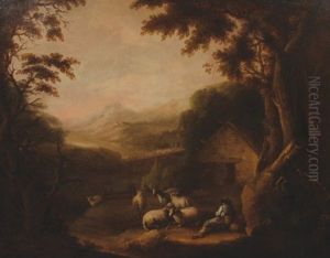 Glen Of The Downs - A Wooded River Landscape With Sheep, Goats In The Foreground, A Cottage And Distant Mountains by George Barret