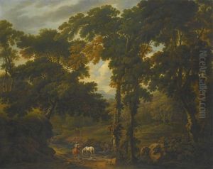 Woodland Scene With A Horseman Crossing A Stream by George Barret