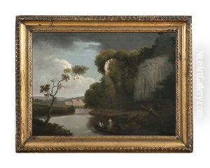 Figures In A Rowboat In A River Landscape, With A Rocky Outcrop And A Country House Beyond by George Barret
