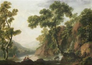Peasants Fishing On The Banks Of A River, With A Rocky Landscape Beyond by George Barret