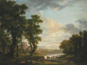 An Extensive Wooded River Landscape, With Shepherds Reclining In The Foreground And Ruins Beyond by George Barret