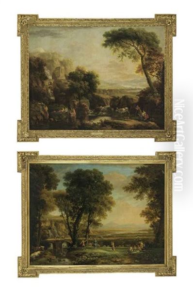 An Italianate Wooded River Landscape With Bathers, Peasants And Ruins (+ An Italianate River Landscape With Travelers, Revelers And A Waterfall; Pair) - view 1