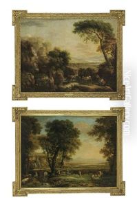 An Italianate Wooded River Landscape With Bathers, Peasants And Ruins (+ An Italianate River Landscape With Travelers, Revelers And A Waterfall; Pair) by George Barret