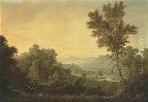 A Mountainous River Landscape With Hunters Carrying A Dear - view 1