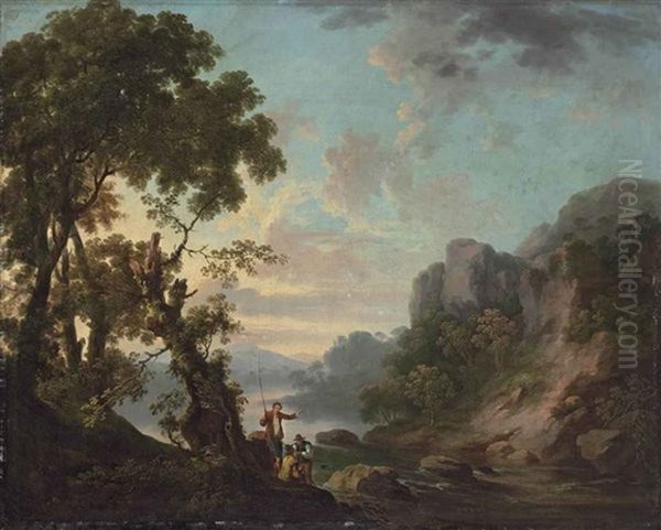 Wooded Landscape With A Lake, Anglers In The Foreground - view 1
