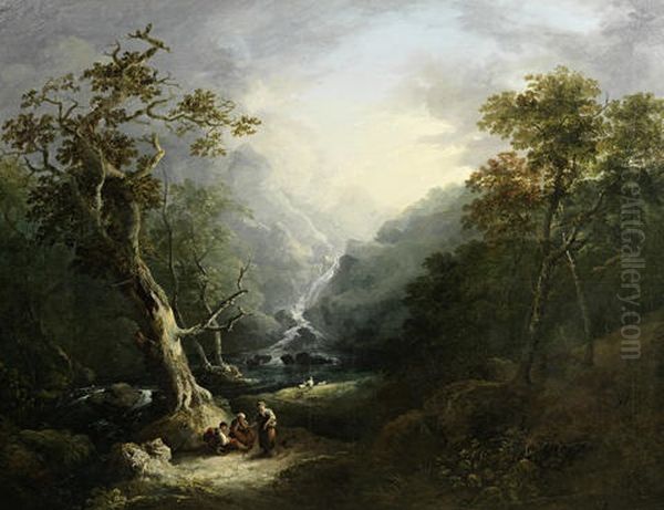 A Wooded Landscape With Travellers Resting Before A Waterfall by George Barret