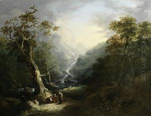 A Wooded Landscape With Travellers Resting Before A Waterfall by George Barret