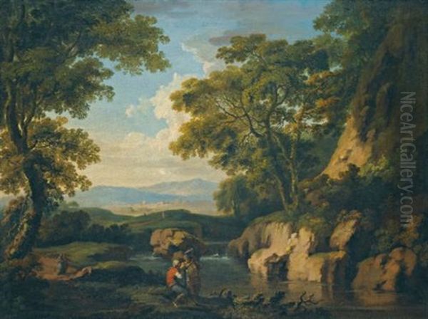 A Mountainous Wooded Landscape With Figures By A River In The Foreground - view 1