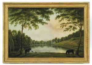 A View Of Lord Hamilton's Landscape Garden At Painshill, Surrey (from The East End Of The Lake With The Vineyard And Ruined Abbey) by George Barret