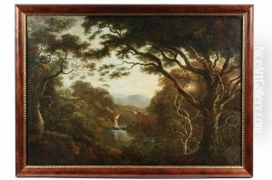 Irish Wooded Landscape With Stone Bridge Under Construction by George Barret