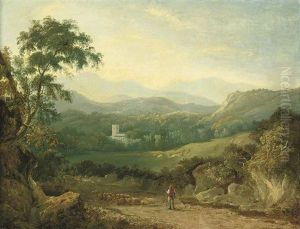 A Mountainous Landscape Near Porthmadog, With A Shepherd, His Flock And A Collie In A Lane, A Traveller In The Distance, Cows In A Dale And A Village... by George Barret