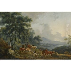 Landscape With Livestock And Herdsmen By A Lake by George Barret