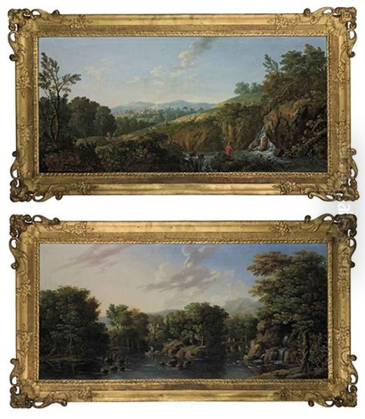 A Wooded River Landscape With A Man Fishing In The Foreground...(+ A Wooded River Landscape With Fishermen In A Boat...; Pair) - view 1