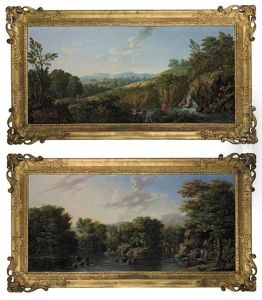 A Wooded River Landscape With A Man Fishing In The Foreground...(+ A Wooded River Landscape With Fishermen In A Boat...; Pair) by George Barret