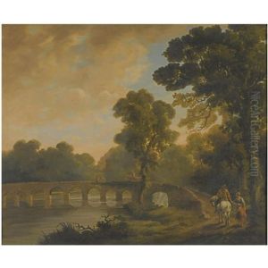 Travellers On A Bridge, In A River Landscape by George Barret