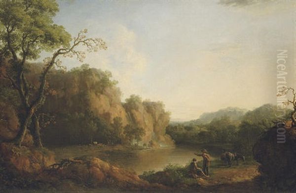 A Rocky Wooded River Landscape With A Waterfall And Figures And Cattle On The Banks by George Barret