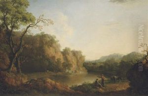 A Rocky Wooded River Landscape With A Waterfall And Figures And Cattle On The Banks by George Barret
