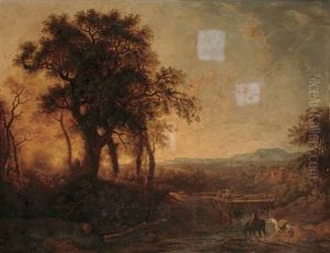 River Landscape With A Traveler Watering His Horse And Figures Crossing A Bridge In The Foreground, A Mountain Range Beyond by George Barret