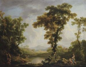 A Classical Wooded River Landscape With Figures Bathing And Fishing On The River And A Herdsman With A Woman Carrying An Urn, A Ruined Castle In The Distance With Mountains Beyond