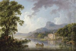 Mountainous Lough Landscape With Anglers And A House By A Bridge by George Barret