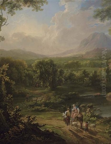 Mountainous Wooded River Landscape, With Figures And Goats On A Track In The Foreground, And A Mill Beyond - view 1