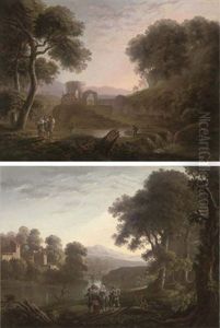 Figures On A River Bank Before Castle Walls (+ Travellers By A River With Mountains Beyond; Pair) by George Barret