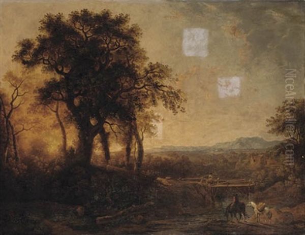 River Landscape With A Traveller Watering His Horse And Figures Crossing A Bridge In The Foreground, A Mountain Range Beyond - view 1