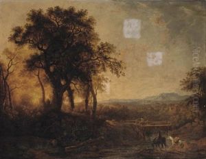 River Landscape With A Traveller Watering His Horse And Figures Crossing A Bridge In The Foreground, A Mountain Range Beyond by George Barret