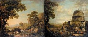 An Extensive River Landscape With A Drover And Cattle In The Foreground, Fishermen And A Classical Ruin Beyond (+ Washerwomen By A Pool In A River Landscape; Pair) by George Barret
