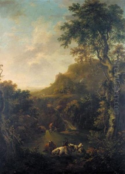 An Extensive Landscape With Cattle In The Foreground And Drovers Resting Beyond - view 1