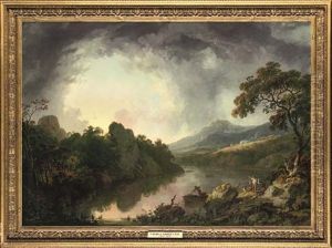 An Extensive Wooded River Landscape With Fishermen Hauling In Their Nets In The Foreground by George Barret