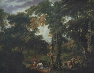 A Wooded River Landscape With Figures And Horses At A Ford And Fallow Deer In A Clearing by George Barret