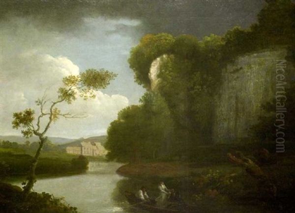 Figures In A Boat On A River Near A Rocky Outcrop - view 1
