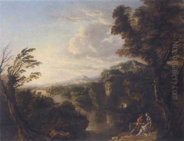Lovers Reclining Under A Tree In An Extensive River Landscape - view 1